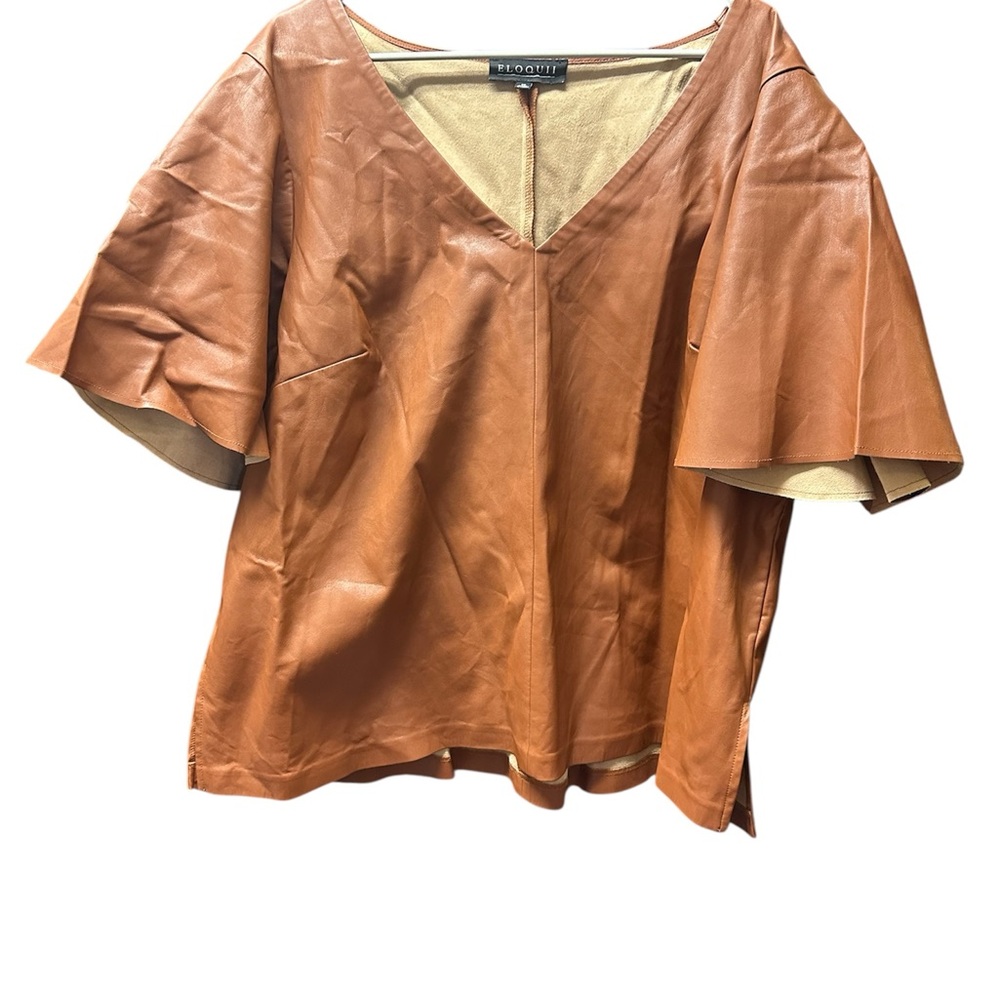 Eloquii Tan V-Neck Leather Blouse